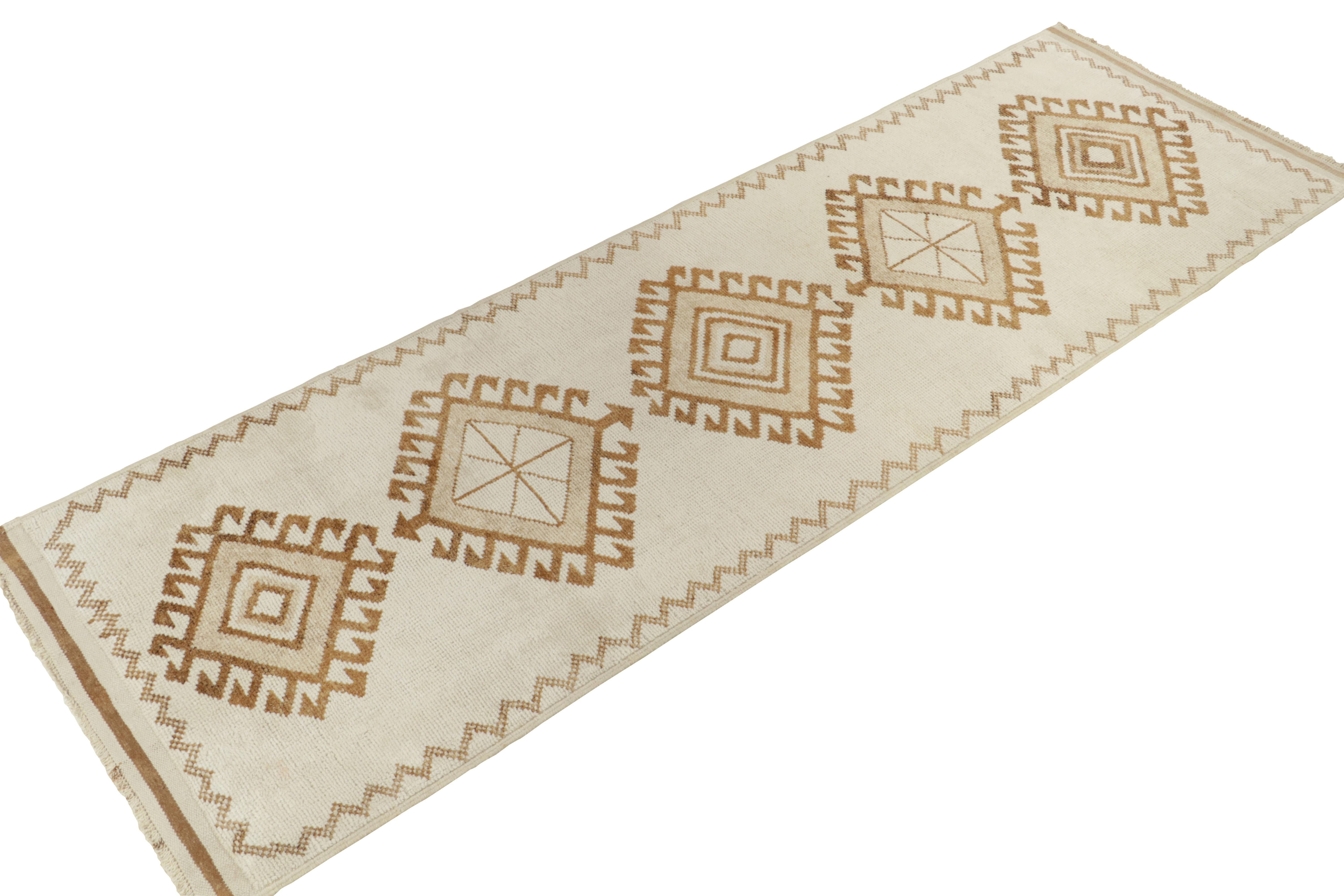 Turkish Vintage Tribal Runner in White & Beige-Brown Medallion Patterns by Rug & Kilim For Sale