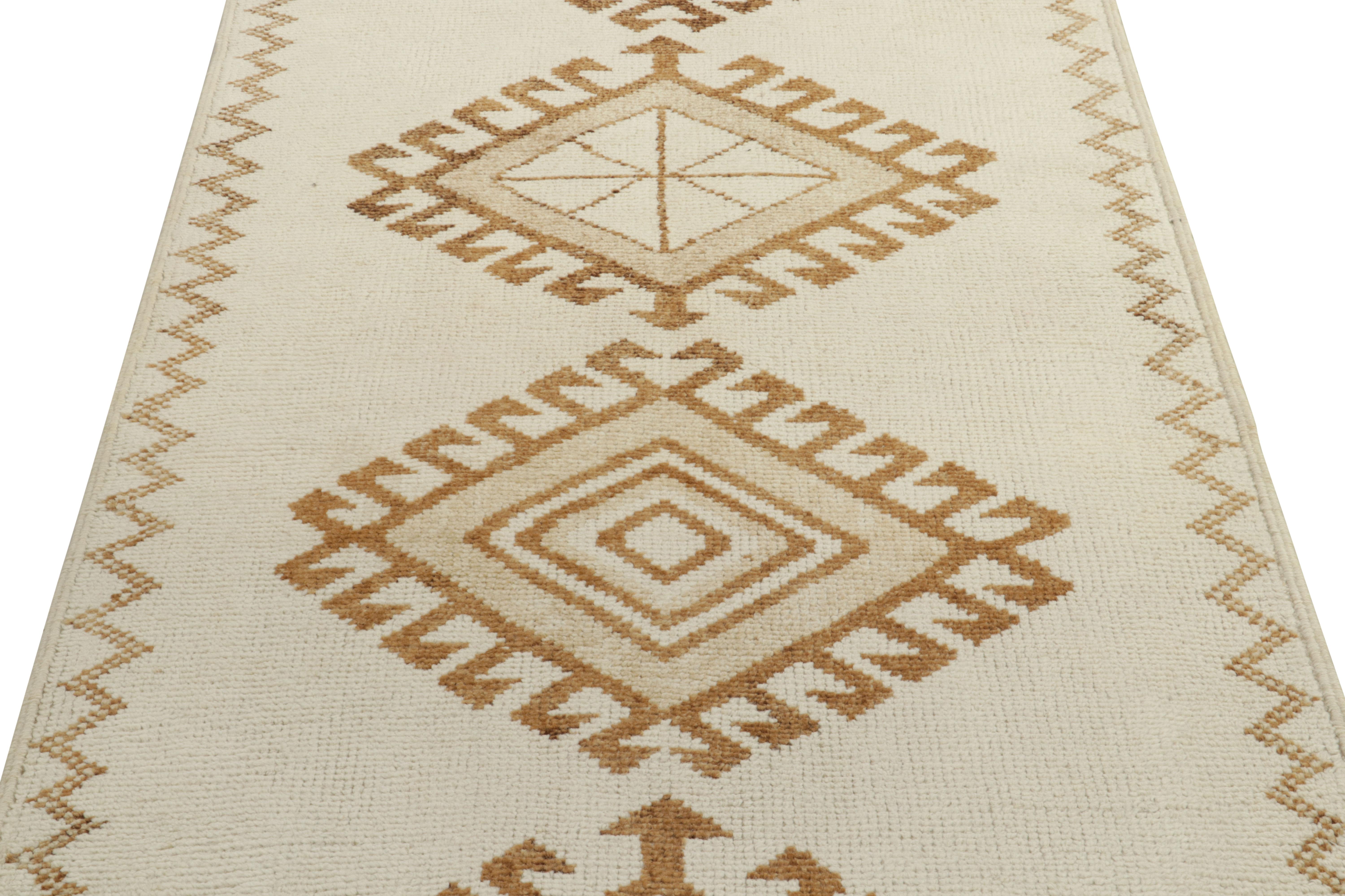Hand-Knotted Vintage Tribal Runner in White & Beige-Brown Medallion Patterns by Rug & Kilim For Sale