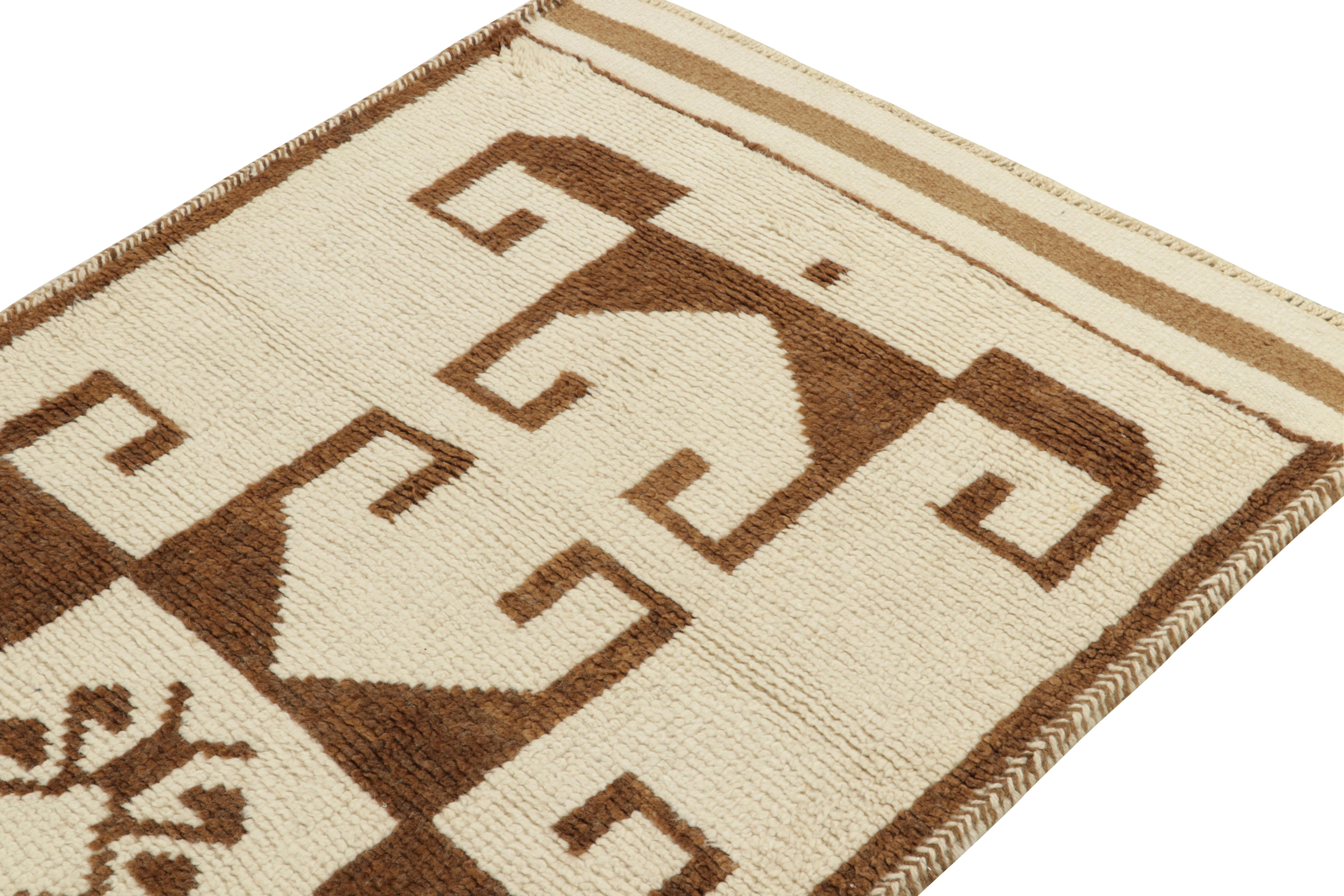 Hand-Knotted Vintage Tribal Runner in White & Beige-Brown Medallion Patterns by Rug & Kilim For Sale