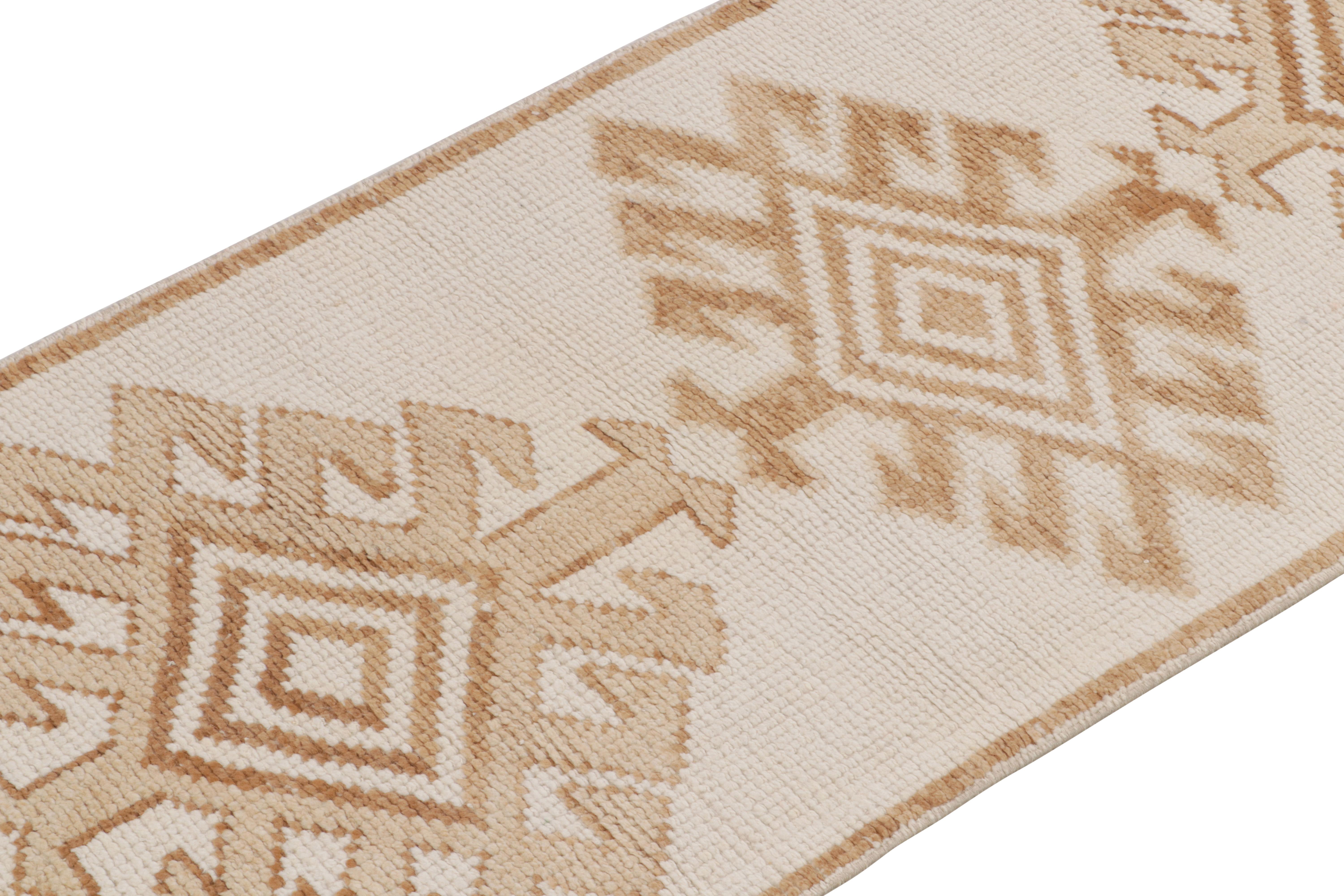 Hand-Knotted Vintage Tribal Runner in White & Brown Geometric Pattern by Rug & Kilim For Sale