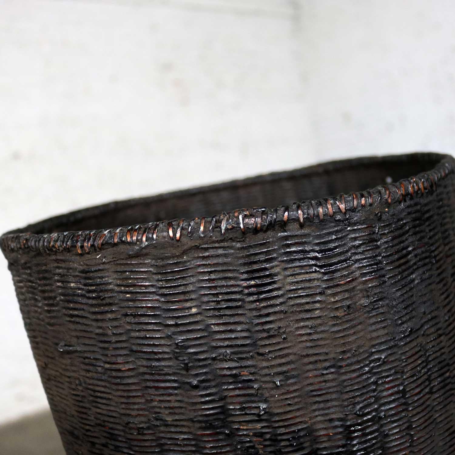 Vintage Tribal Storage Basket of Bamboo Rattan and Wood in Karen of Burma Style 8