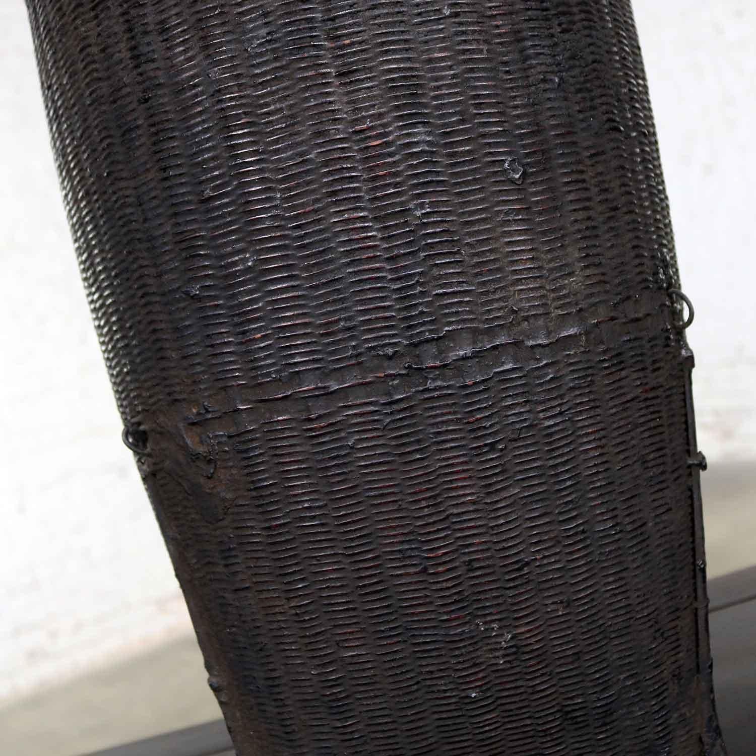 Vintage Tribal Storage Basket of Bamboo Rattan and Wood in Karen of Burma Style 11