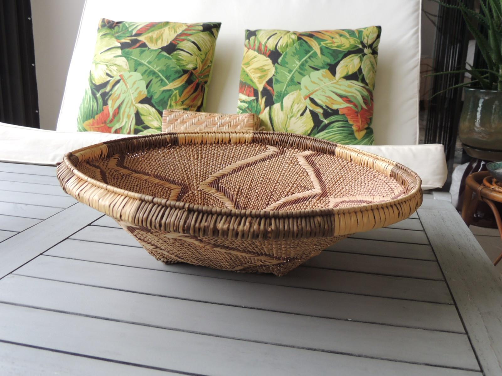Hand-Crafted Vintage Tribal Tan and Brown Woven Round African Basket