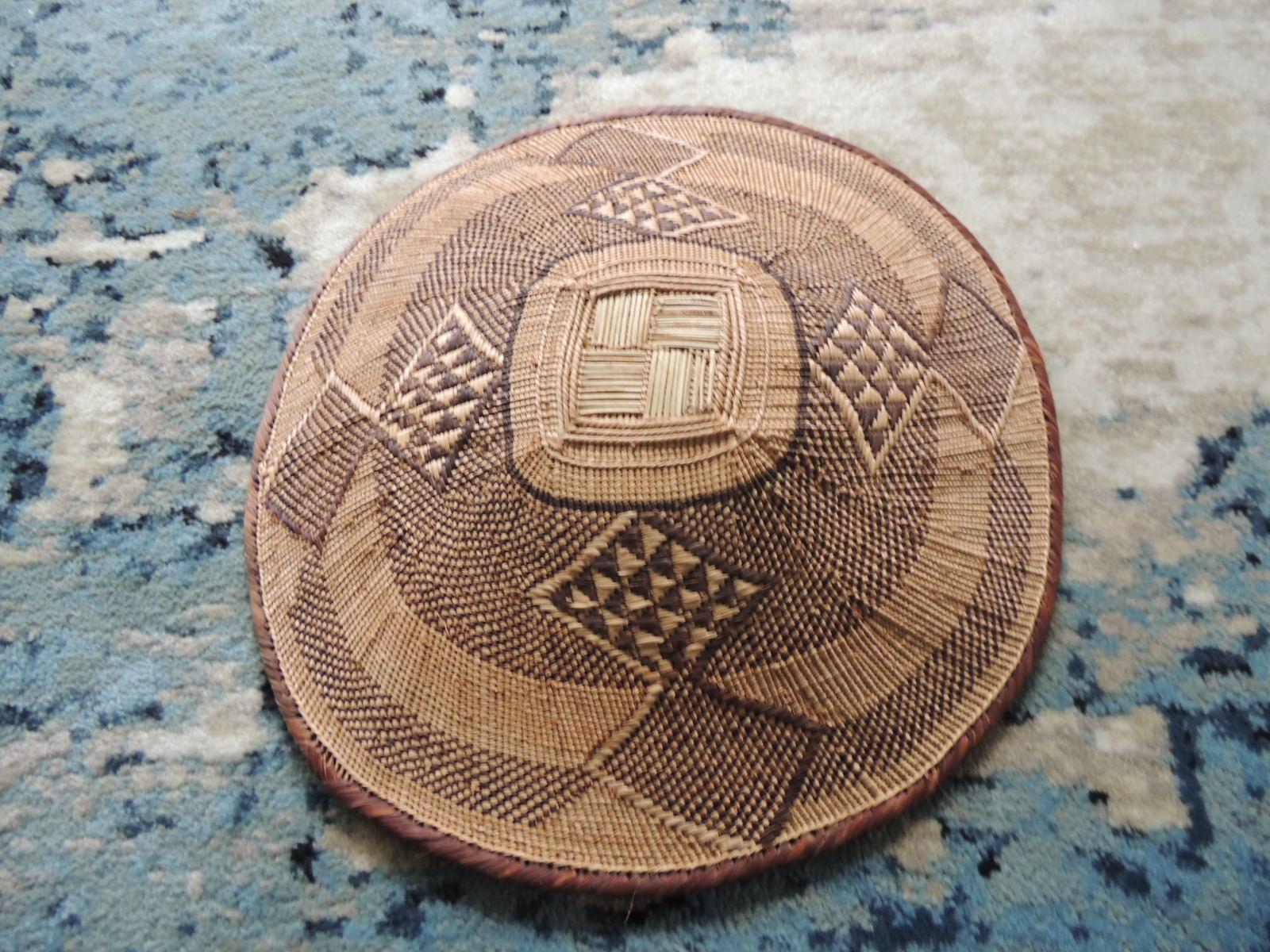 Hand-Crafted Vintage Tribal Tan and Brown Woven Round African Basket