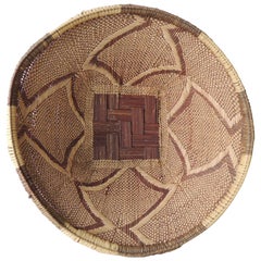 Vintage Tribal Tan and Brown Woven Round African Basket
