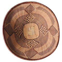 Vintage Tribal Tan and Brown Woven Round African Basket
