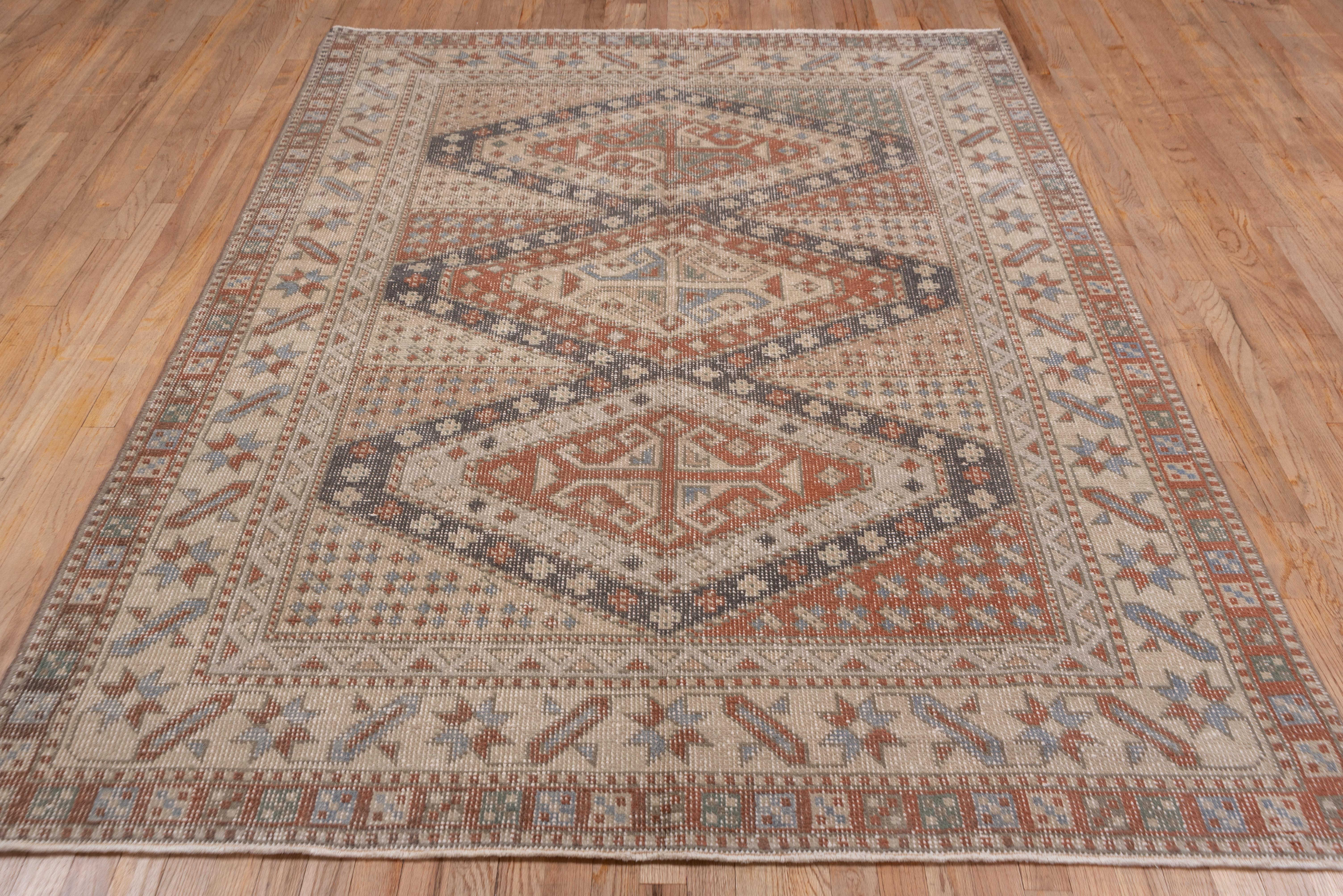 Hand-Knotted Vintage Tribal Turkish Sparta Carpet Geometric Design, Brown, Ivory & Blue Tones For Sale