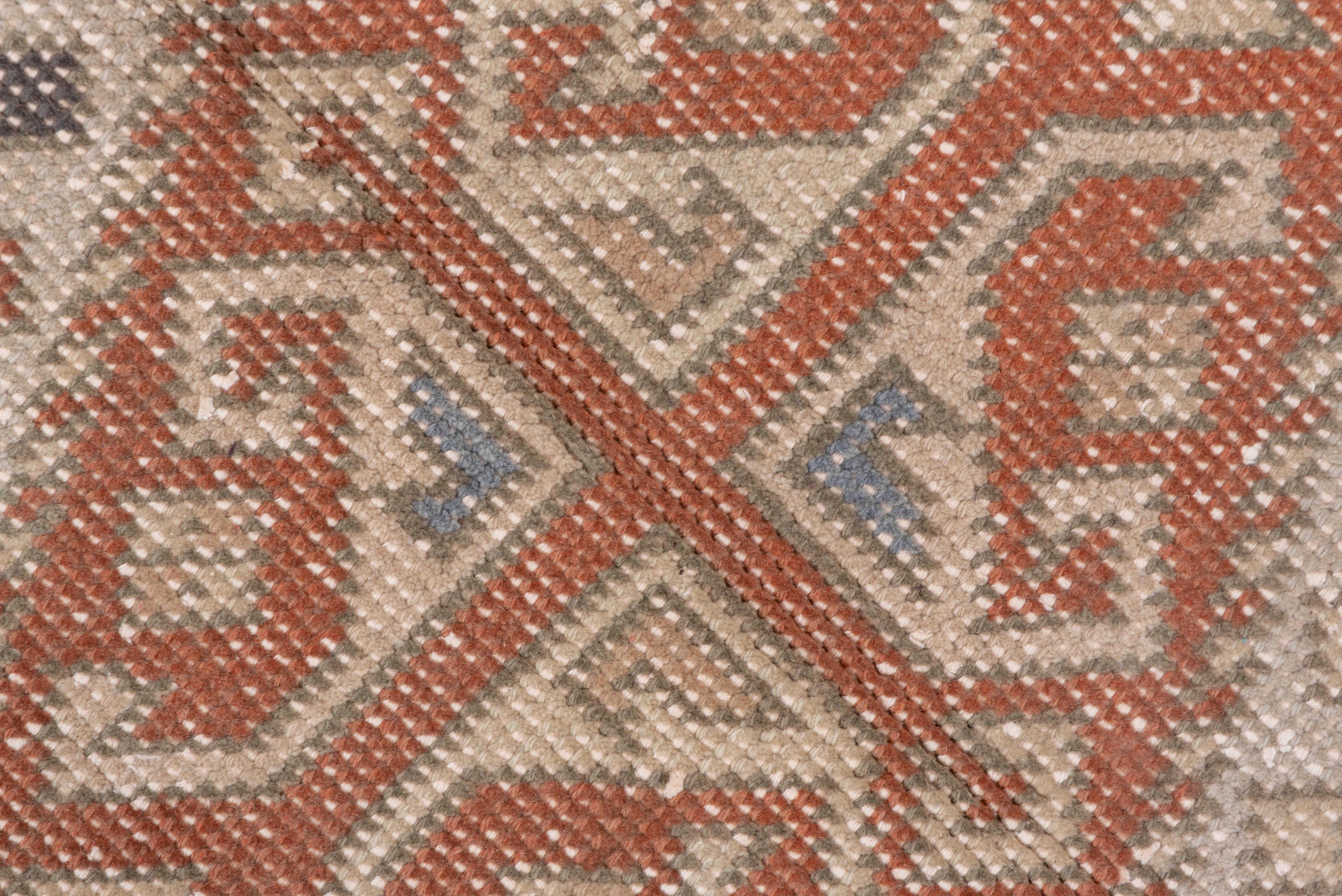 Mid-20th Century Vintage Tribal Turkish Sparta Carpet Geometric Design, Brown, Ivory & Blue Tones For Sale