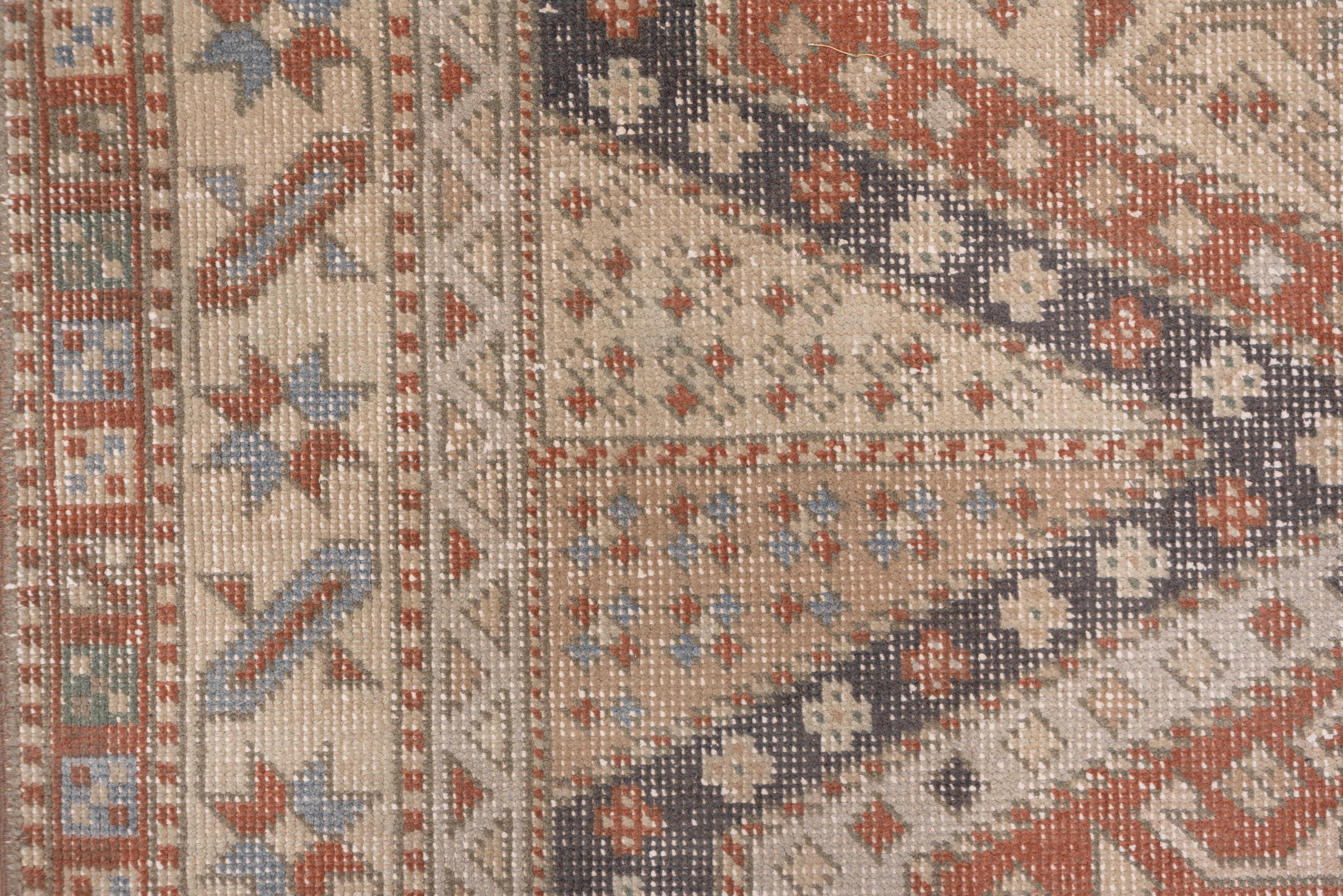 Wool Vintage Tribal Turkish Sparta Carpet Geometric Design, Brown, Ivory & Blue Tones For Sale