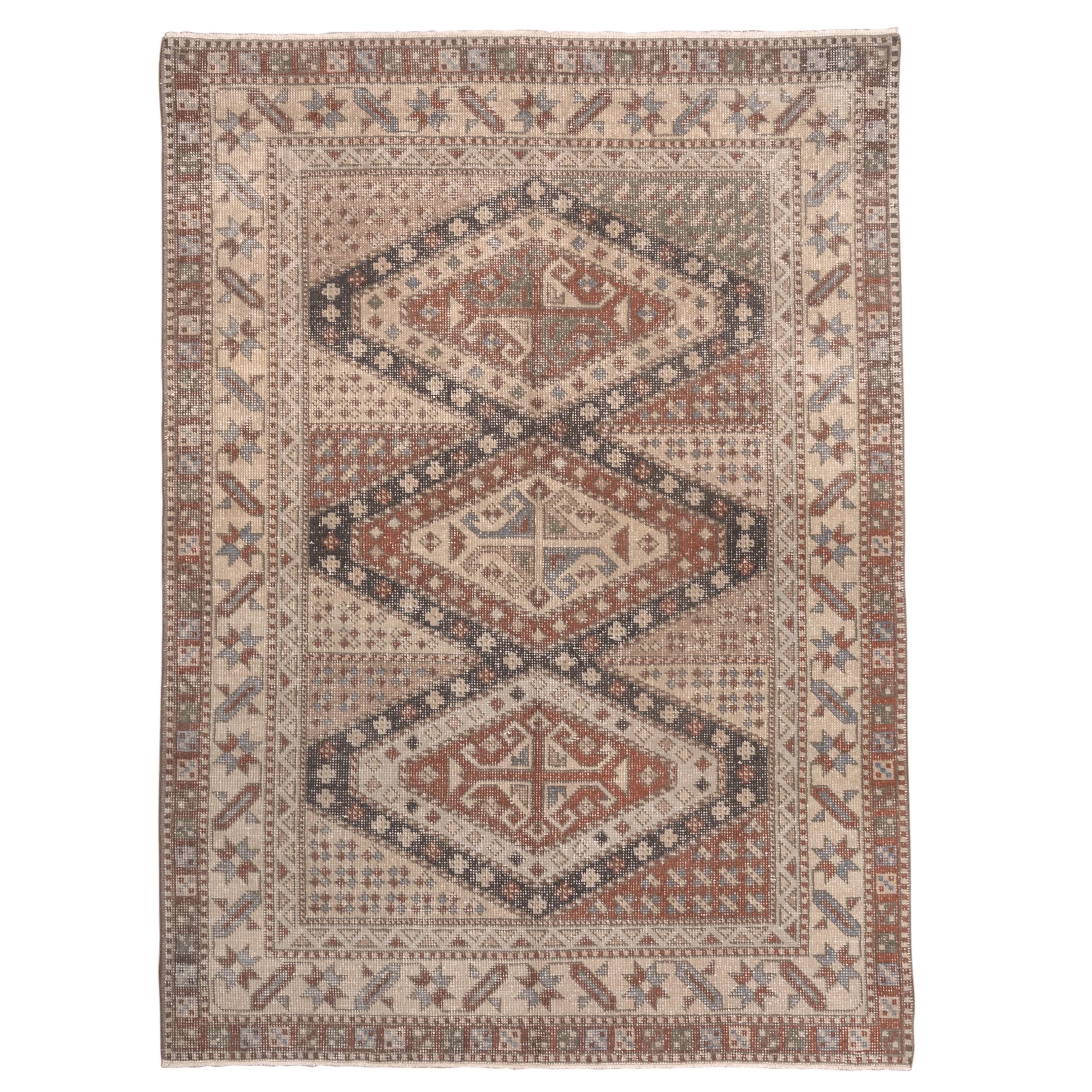 Vintage Tribal Turkish Sparta Carpet Geometric Design, Brown, Ivory & Blue Tones