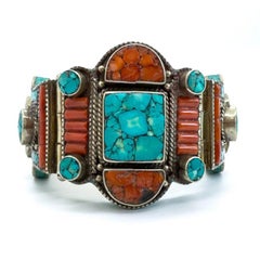 Vintage Tribal Turquoise & Coral Jewelry Set, Cuff , Ring , Pair of Earrings