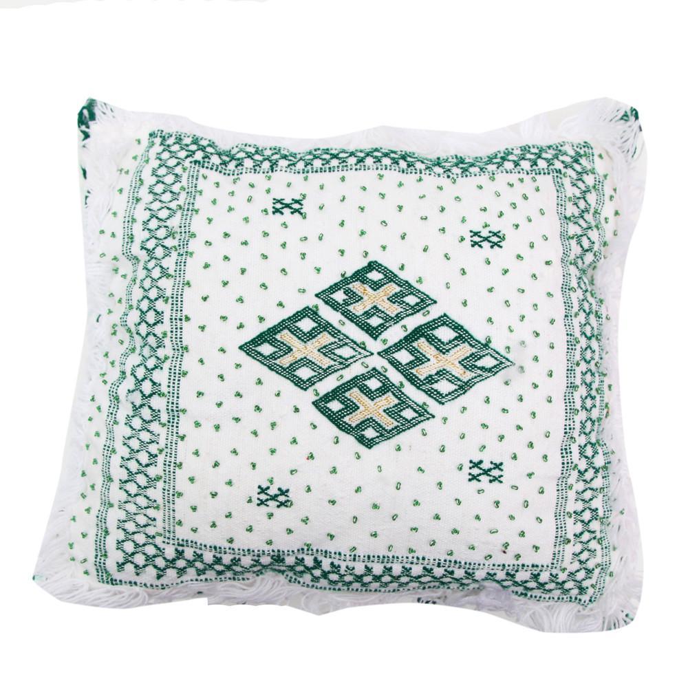 A pair of handwoven soft wool pillows made by Berber women in the tribal Azilal region of Morocco. The pillows feature a magnificent Berber geometrical pattern in white with green beads 'design and a touch of gold. 

Size: 17