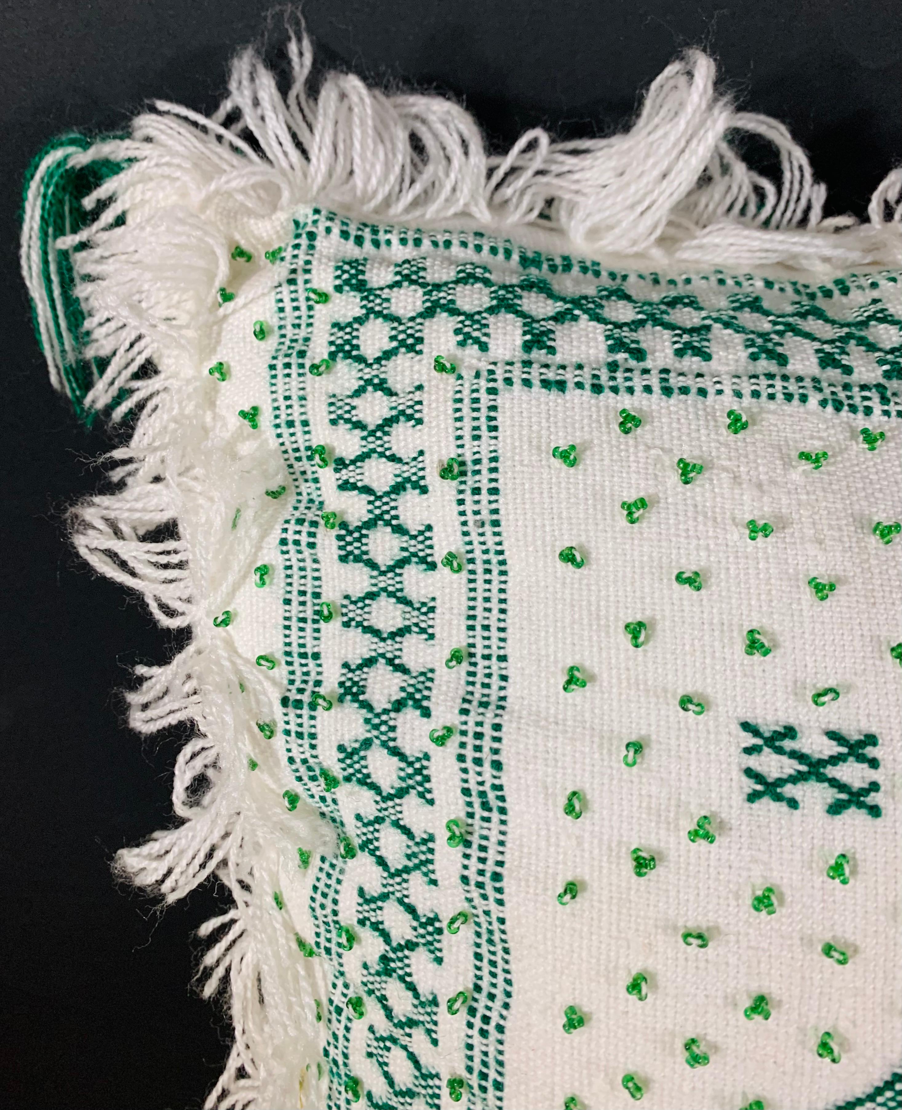 Late 20th Century Vintage Tribal White and Green Wedding Pillow, a Pair