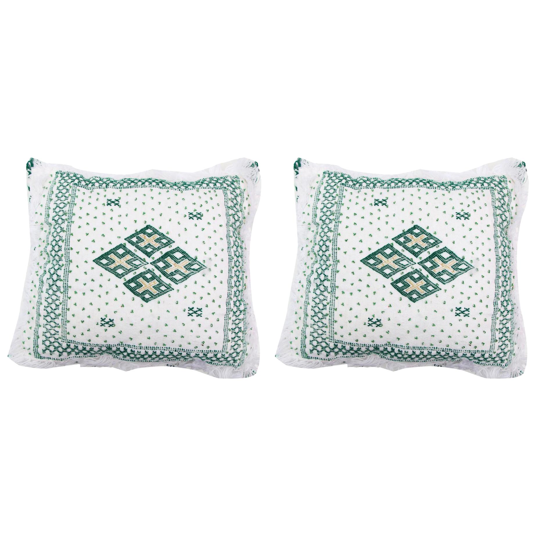 Vintage Tribal White and Green Wedding Pillow, a Pair