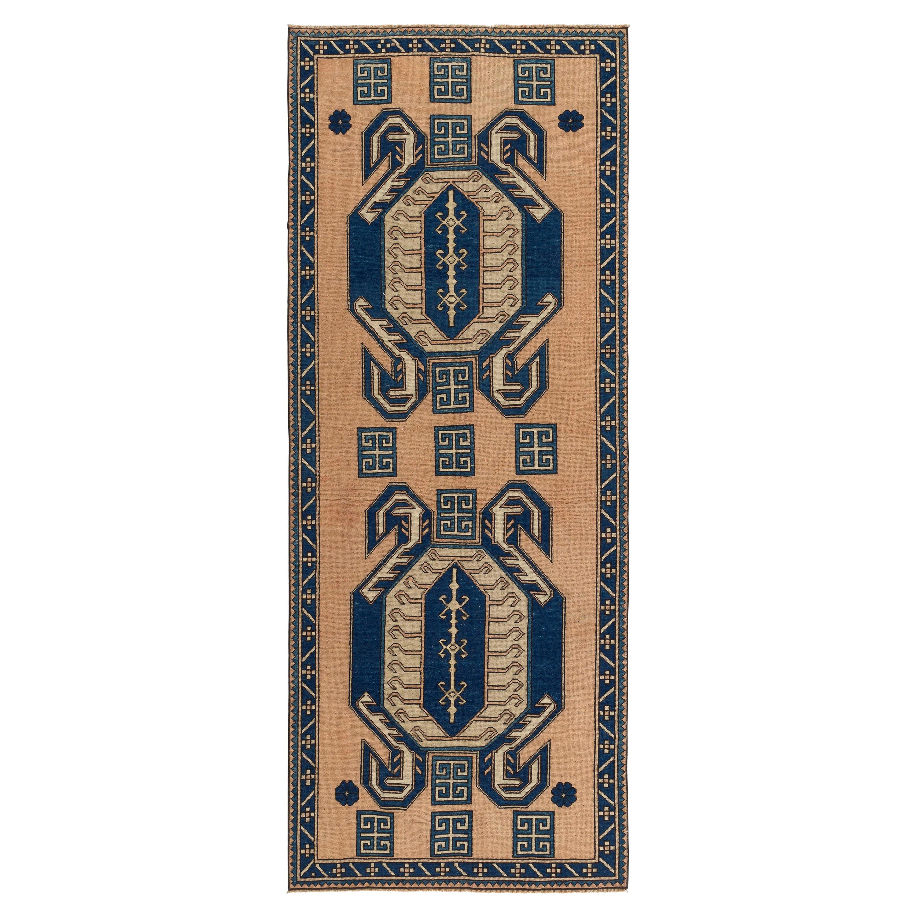 3.6x9 Ft Vintage Tribal Wool Rug Runner, Faded Coral, Blue, Green, Beige Colors For Sale