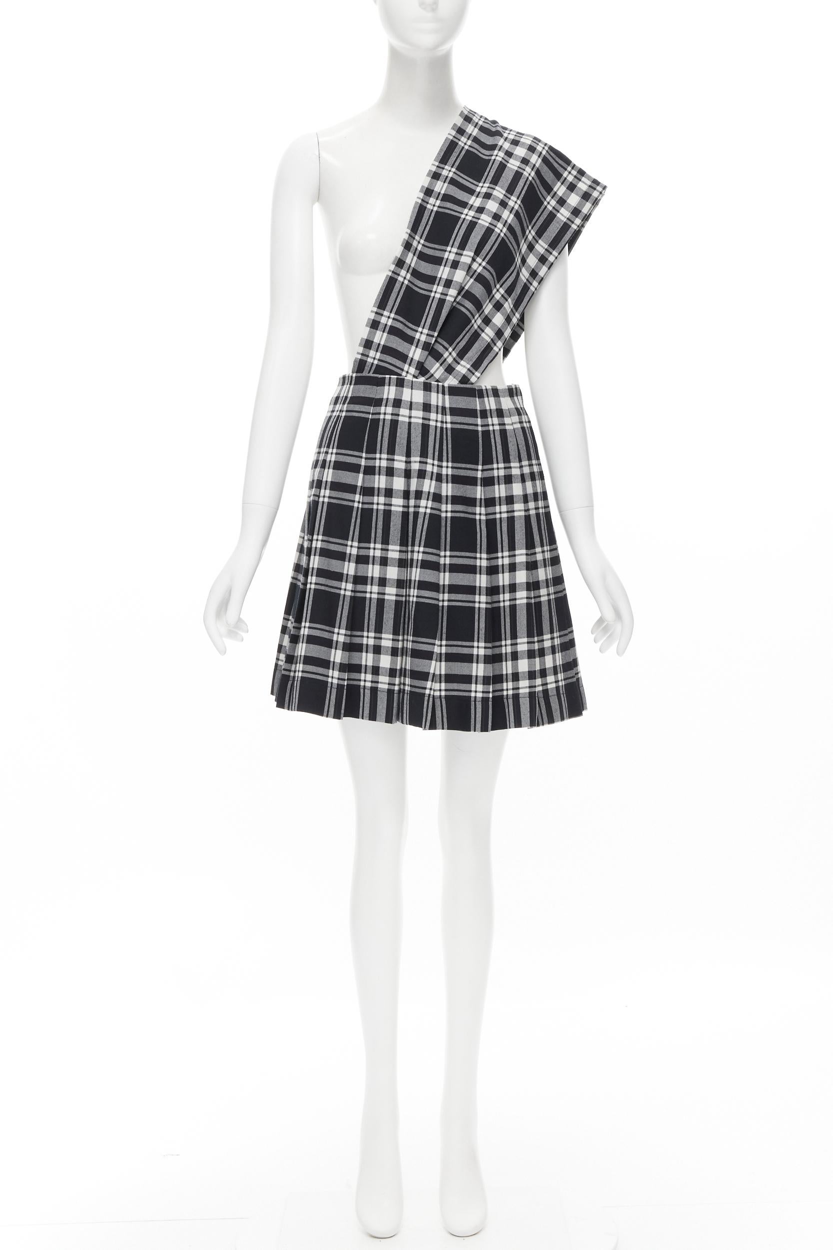 vintage TRICOT COMME DES GARCONS 80s black plaid check sash pleated skirt M For Sale 6