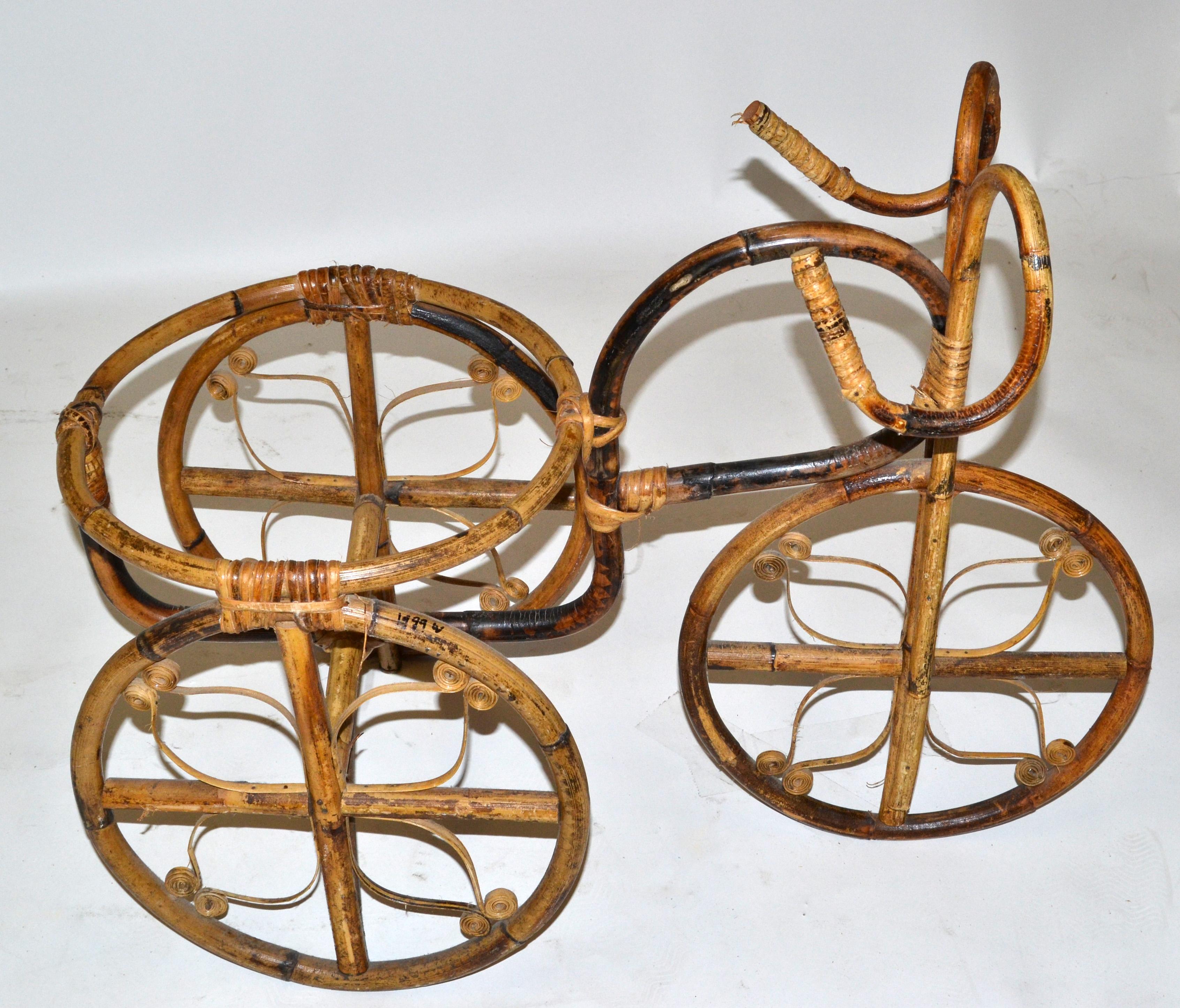 Vintage Tricycle Bohemian Chic Bamboo & Cane Handmade Decorative Plant Stand 70 6