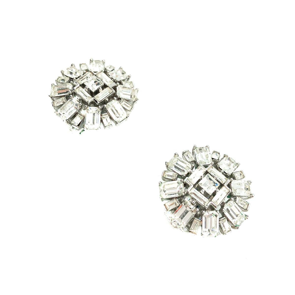 Vintage Crown Trifari Deco Earrings. A stunning example of mid century Crown Trifari craftsmanship. Featuring a fabulous array of baguette cut crystal stones in a rhodium plated metal setting. Trifari are undoubtedly America's most prolific costume
