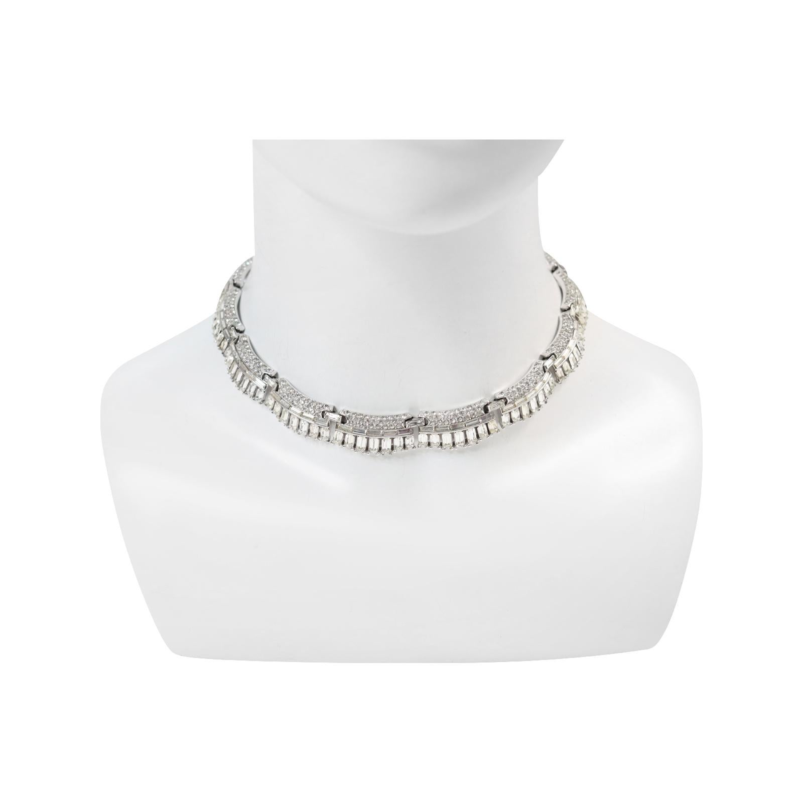 Vintage Trifari Baguette and Pave Choker Necklace Circa 1960s. This is such a beautiful necklace and is in such great shape.  There are bars of baguette going vertically and horizontally and then set with pave on top.  It truly is a beautiful piece.