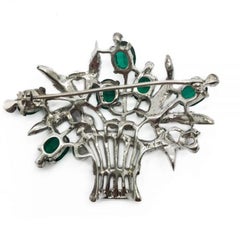 Vintage Trifari Basket of Flowers Figural Brooch with Green Paste In Sterling