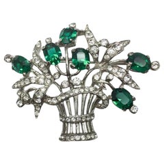 Vintage Trifari Basket of Flowers Figural Brooch with Green Paste In Sterling