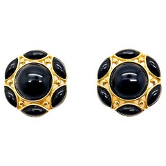 Vintage Trifari Black Cabochon Earrings 1970s