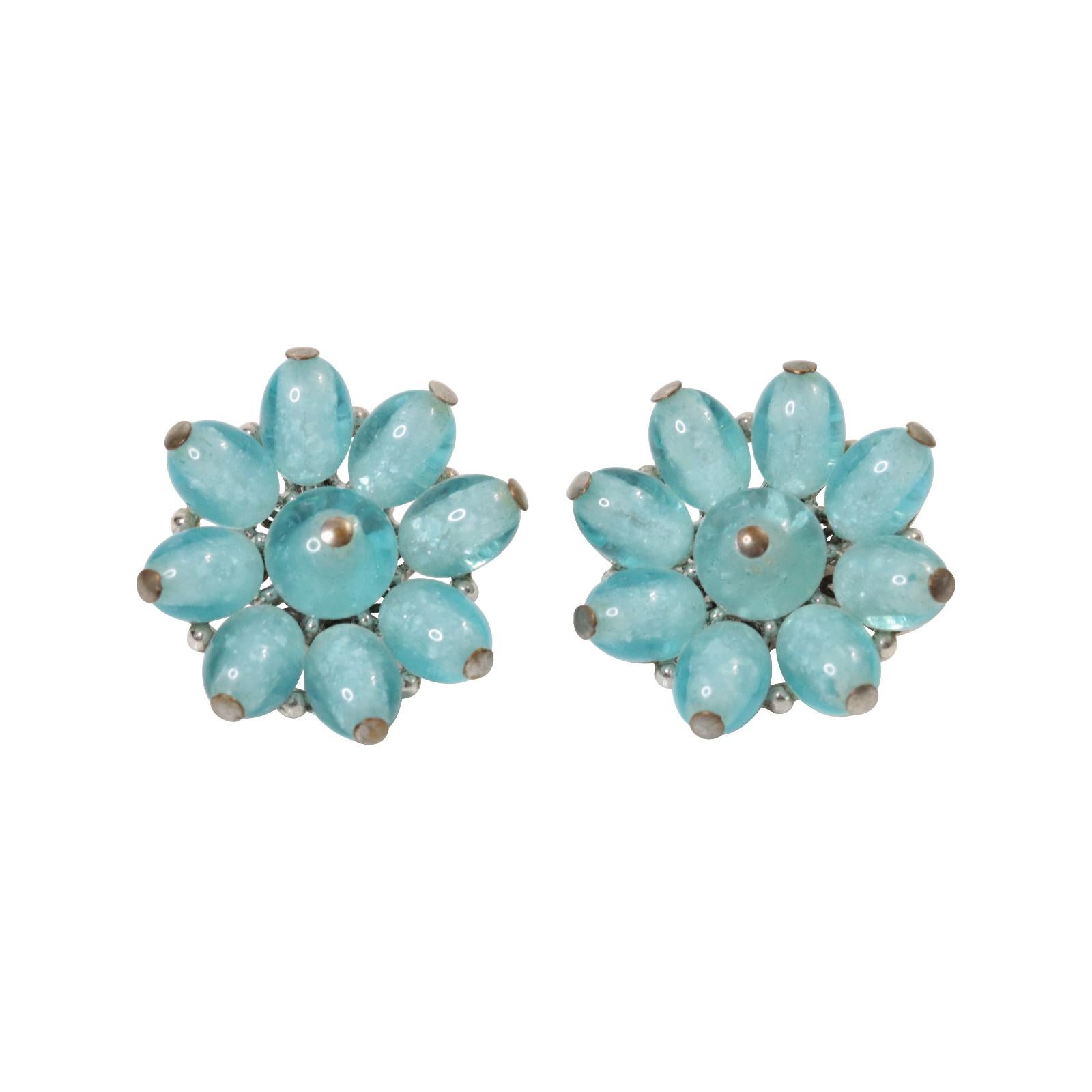 Vintage Trifari Blue Glass Earrings Circa 1960s.  These are one of my favorites, and I know I say that about many things, but I do hand-select and curate each item, and these are special.  They are set in a silver tone, but the silver on top is a