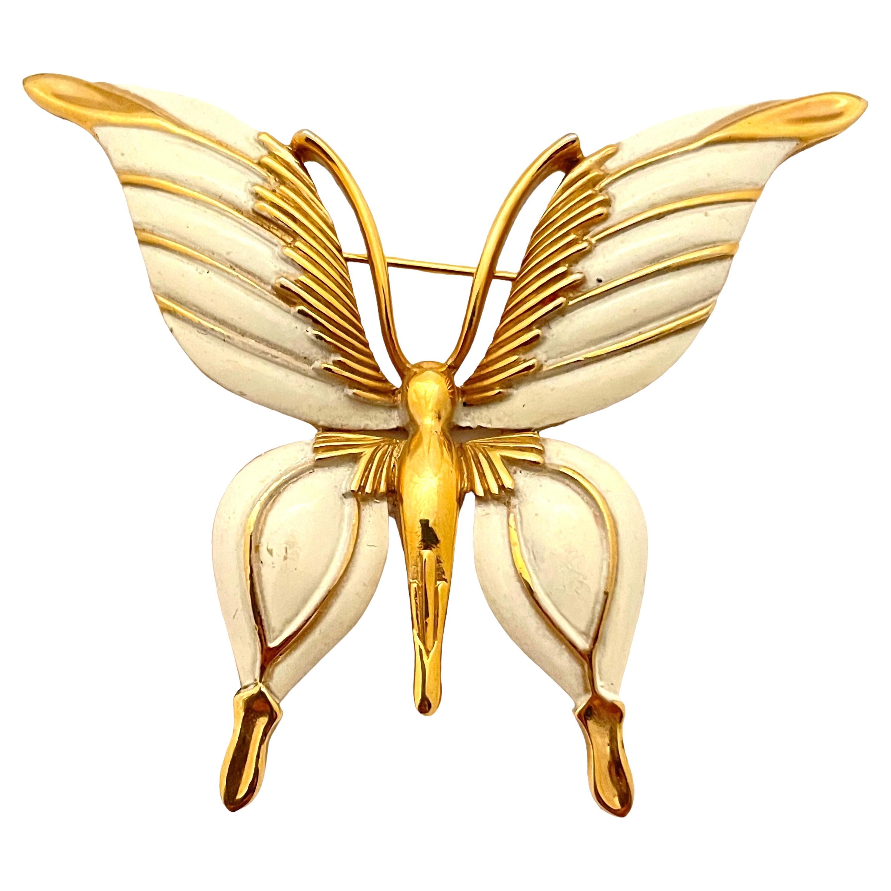 Vintage TRIFARI crown gold enamel butterfly designer runway brooch For Sale