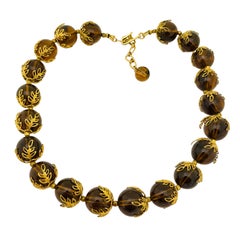 Vintage TRIFARI crown gold faux amber designer runway necklace