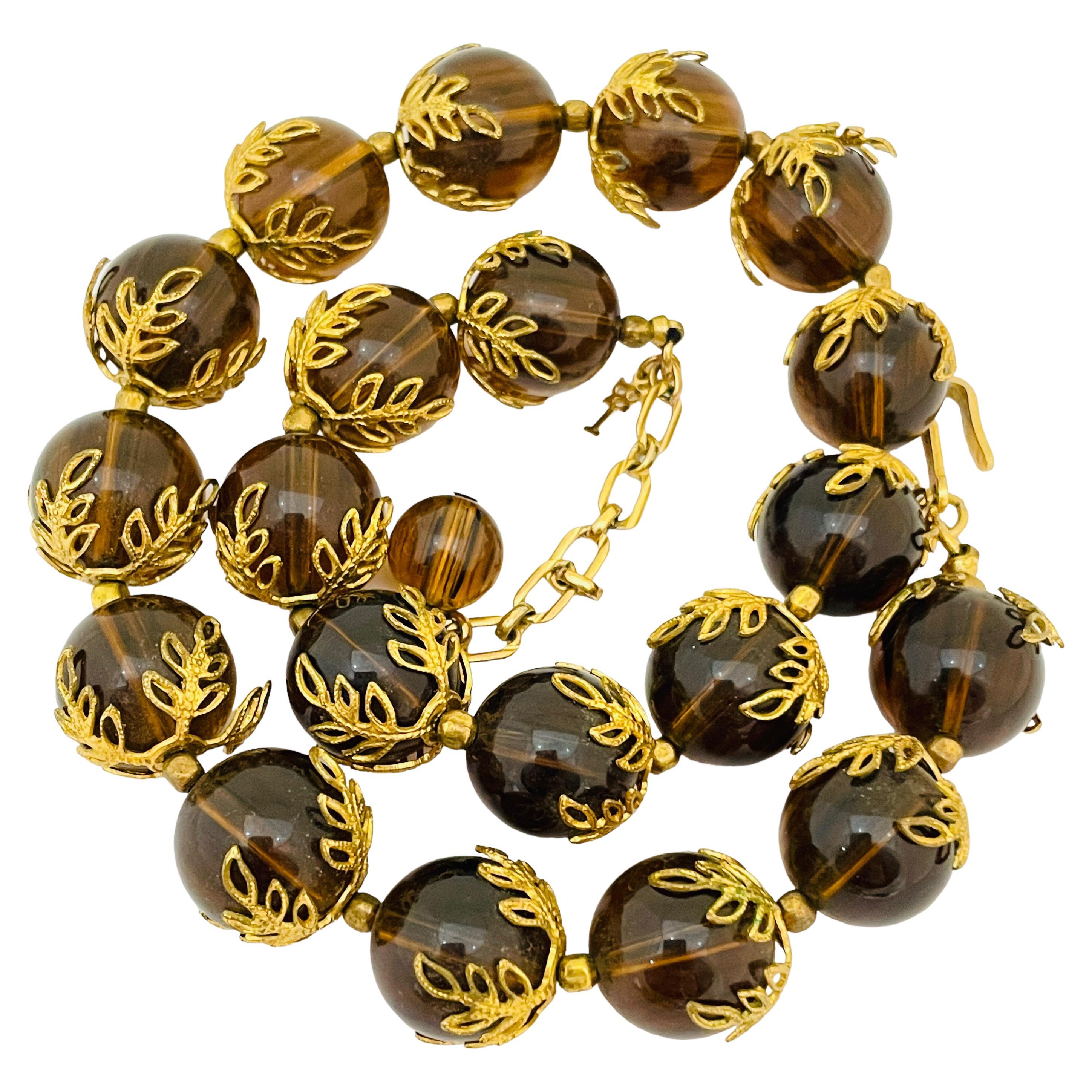 Vintage TRIFARI crown gold faux amber designer runway necklace For Sale