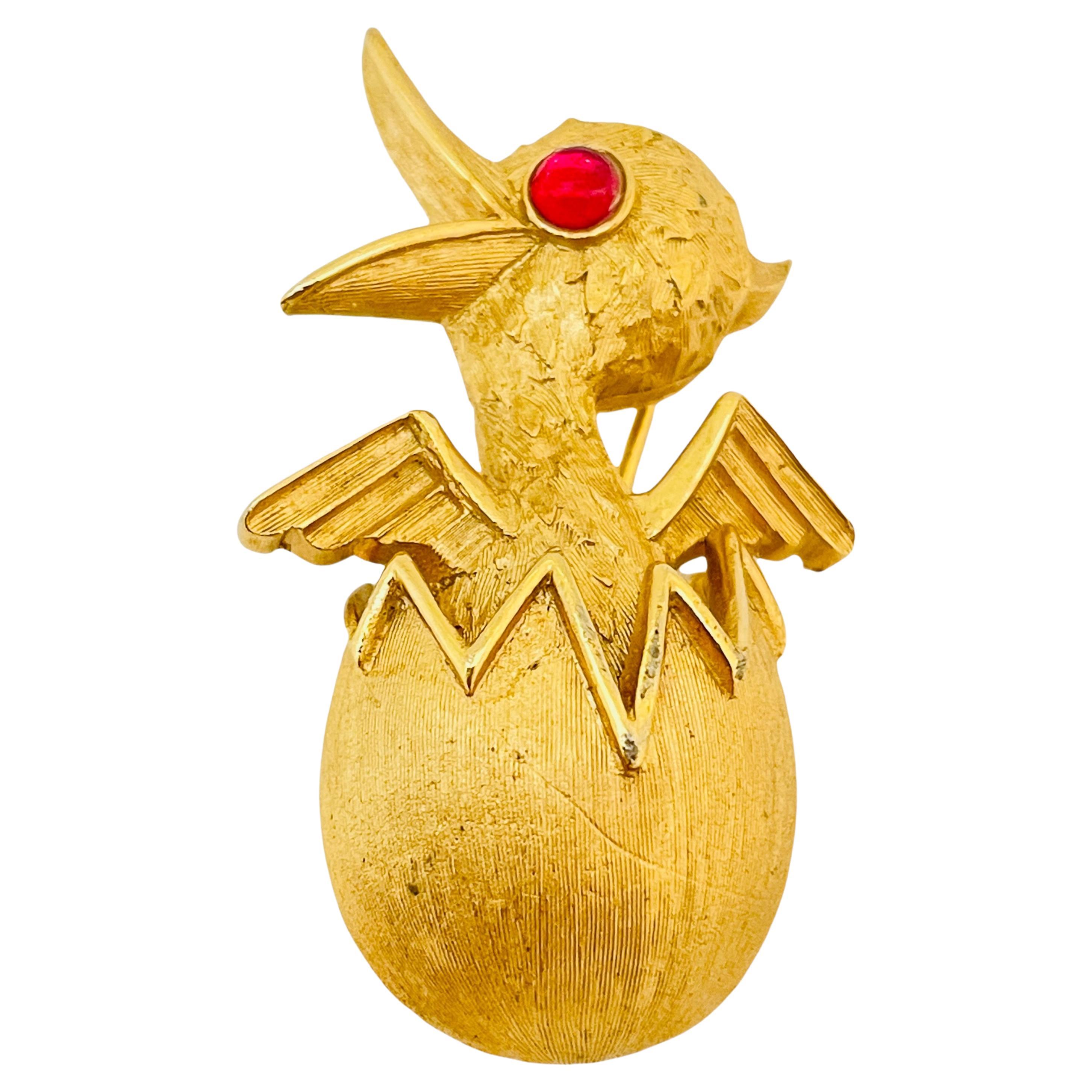 Vintage TRIFARI crown gold pink cabochon eye egg duck figural designer brooch 