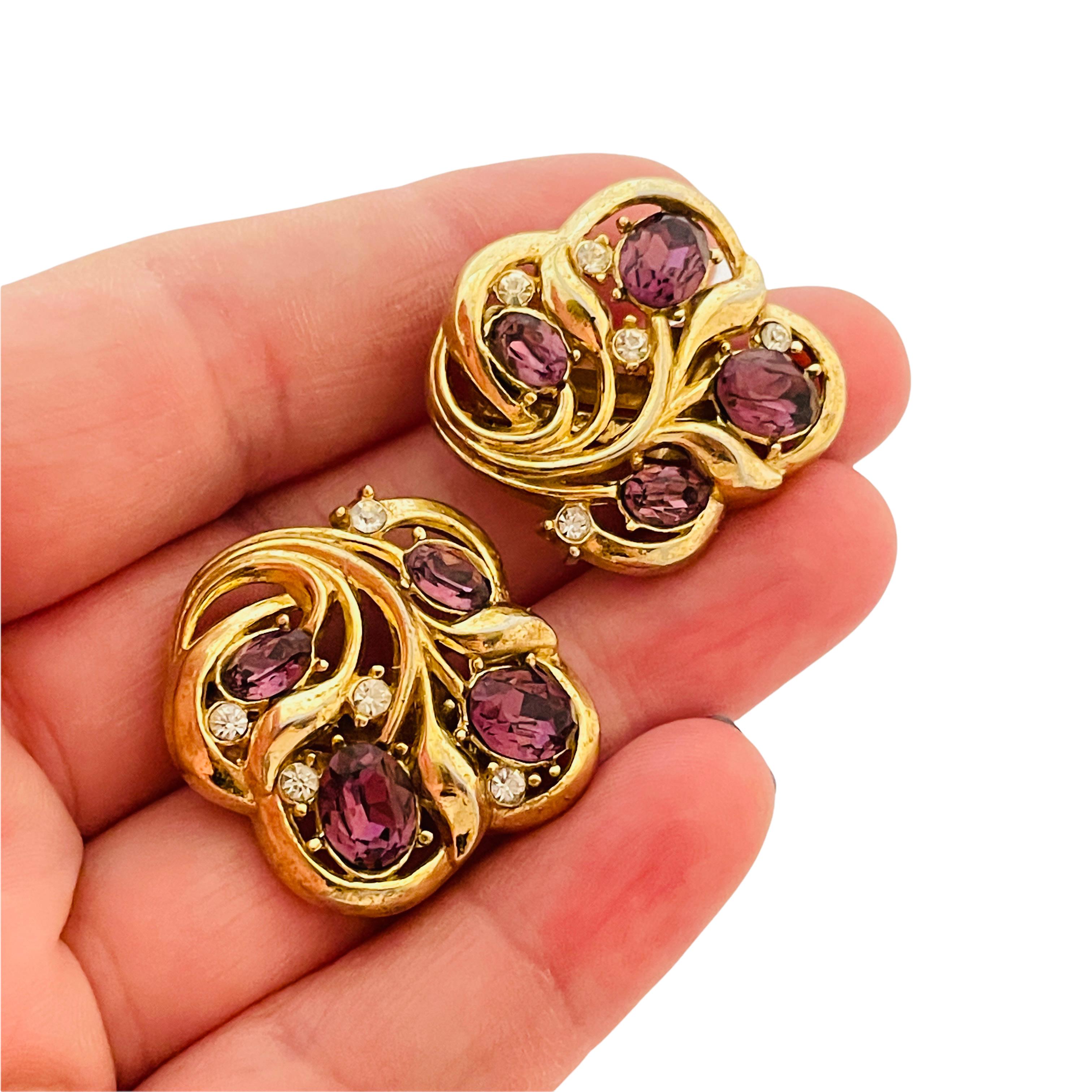 Women's Vintage TRIFARI crown gold plated amethyst rhinestone clip on designer earrings