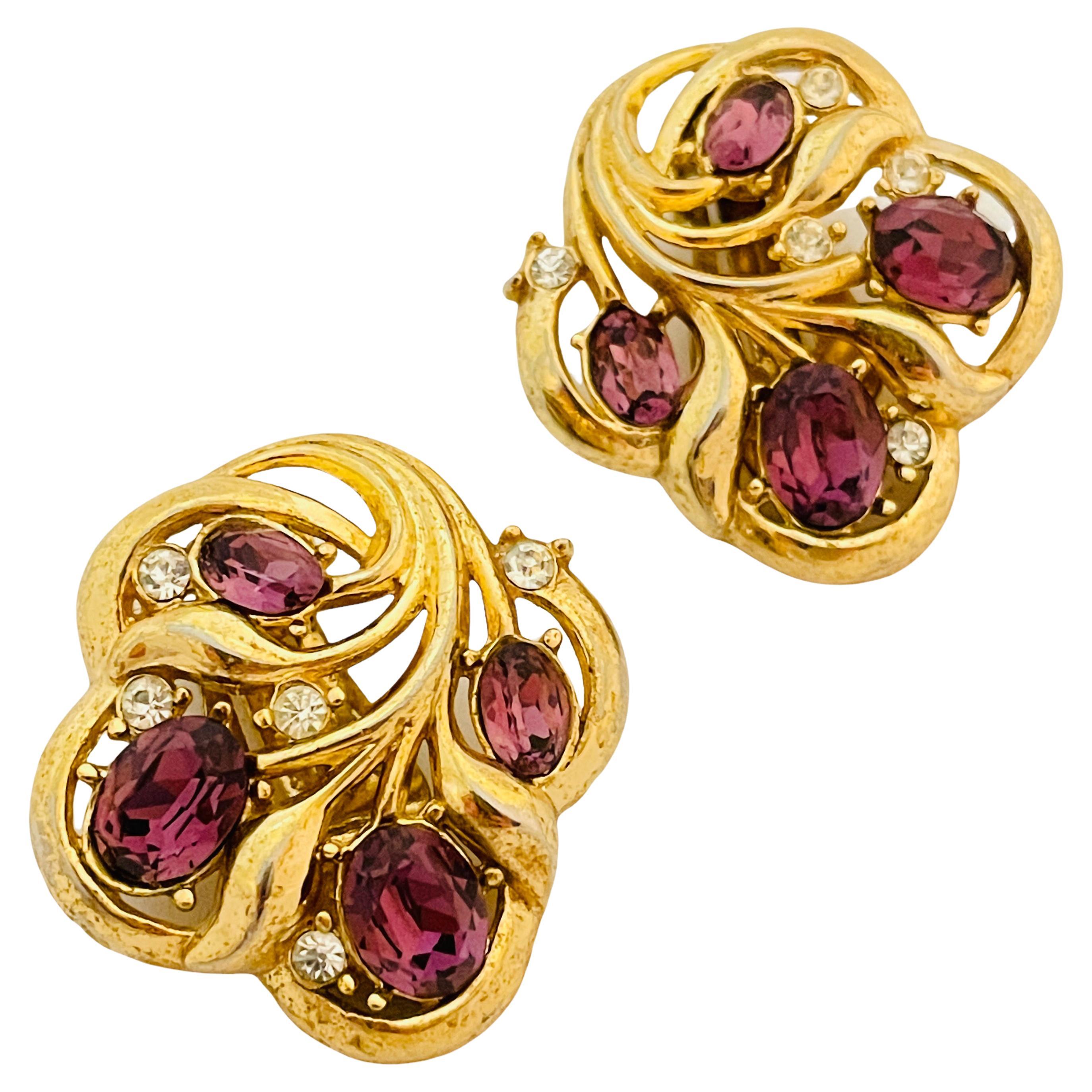 Vintage TRIFARI crown gold plated amethyst rhinestone clip on designer  earrings at 1stDibs