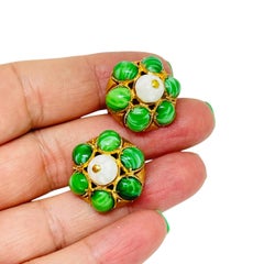 Vintage TRIFARI crown green jade glass designer clip on earrings