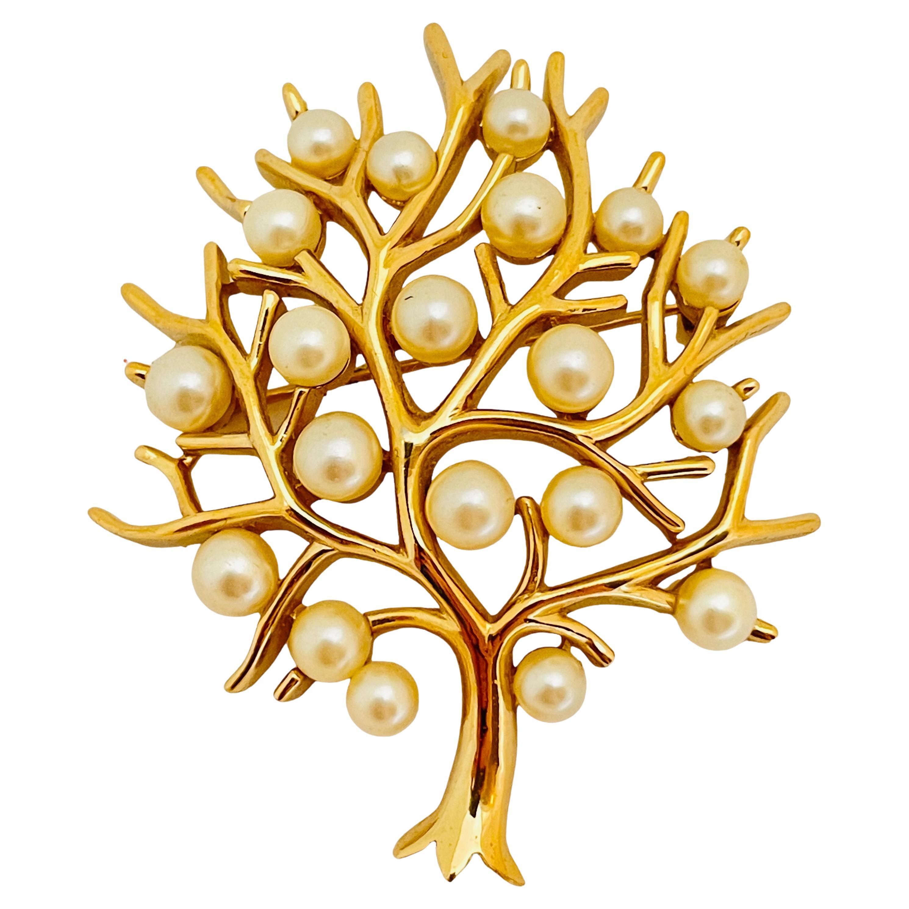 Vintage TRIFARI crown signed gold pearl tree designer brooch
