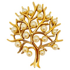 Vintage TRIFARI crown signed gold pearl tree designer brooch