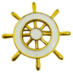 Vintage TRIFARI crown signed gold tone enamel nautical designer brooch