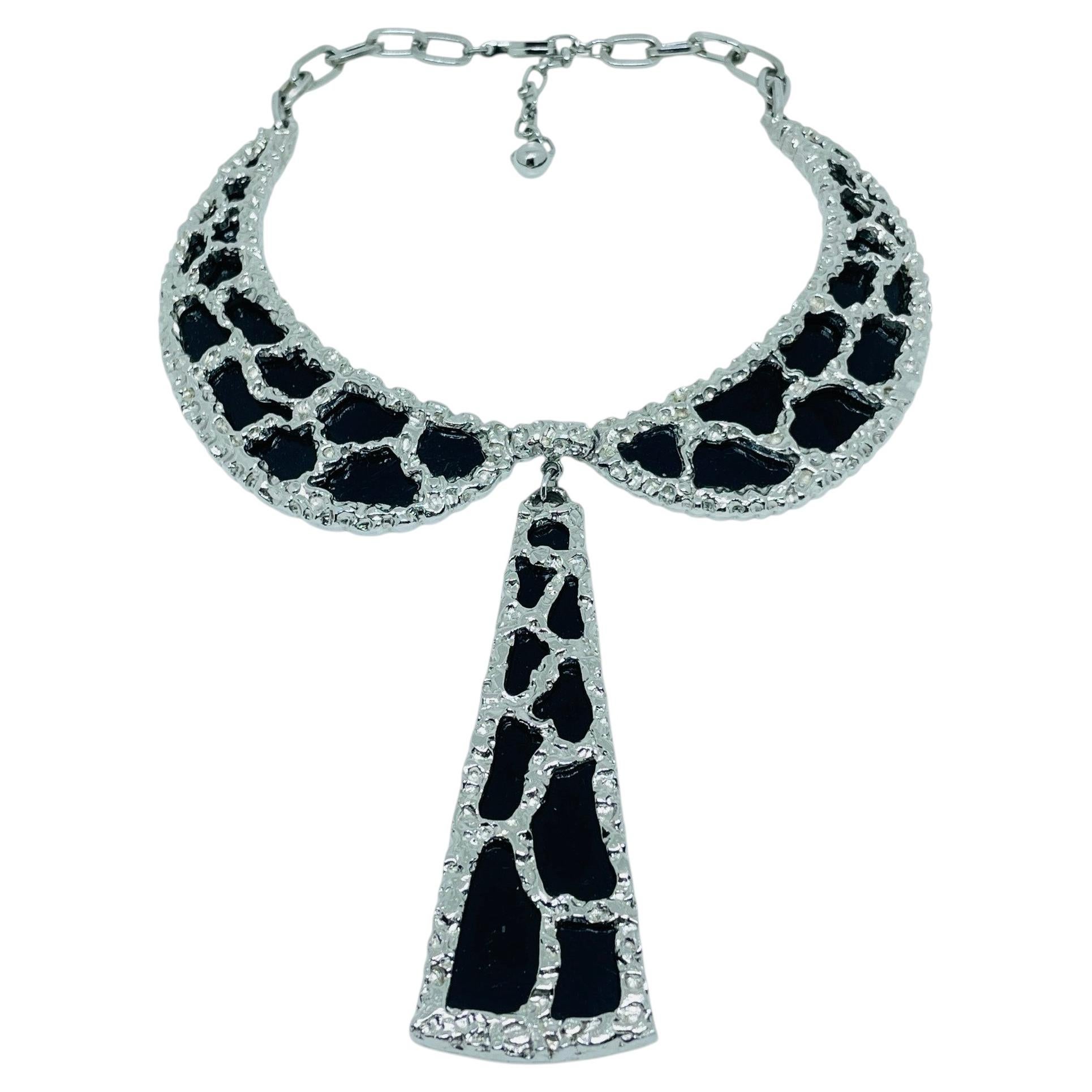 Vintage TRIFARI crown silver tone black modernist brutalist designer necklace For Sale