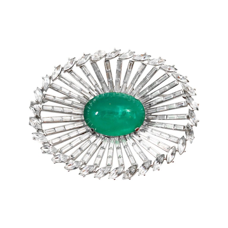 Vintage Trifari Diamante and Emerald Stone Color Oval Brooch For Sale 5