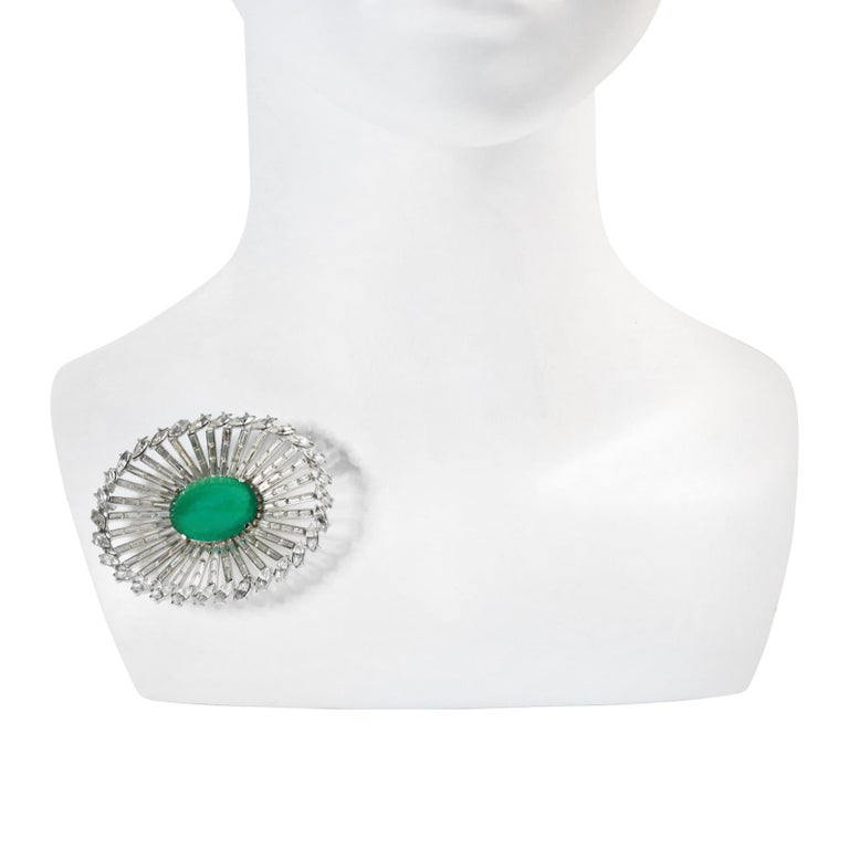 Artist Vintage Trifari Diamante and Emerald Stone Color Oval Brooch For Sale