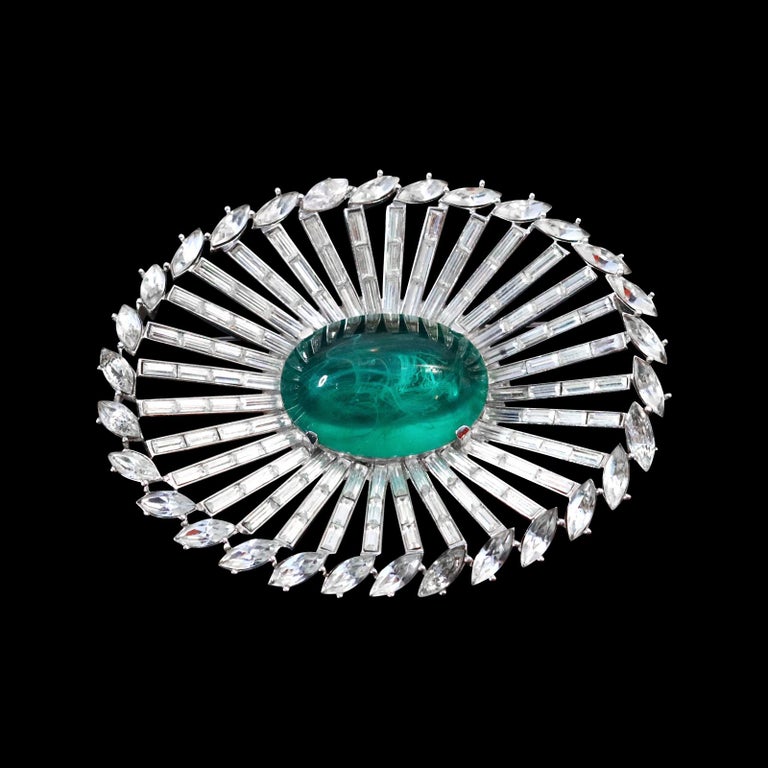 Vintage Trifari Diamante and Emerald Stone Color Oval Brooch For Sale 2