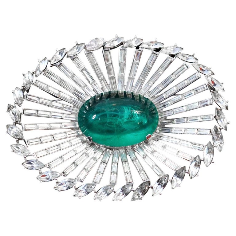 Vintage Trifari Diamante and Emerald Stone Color Oval Brooch For Sale