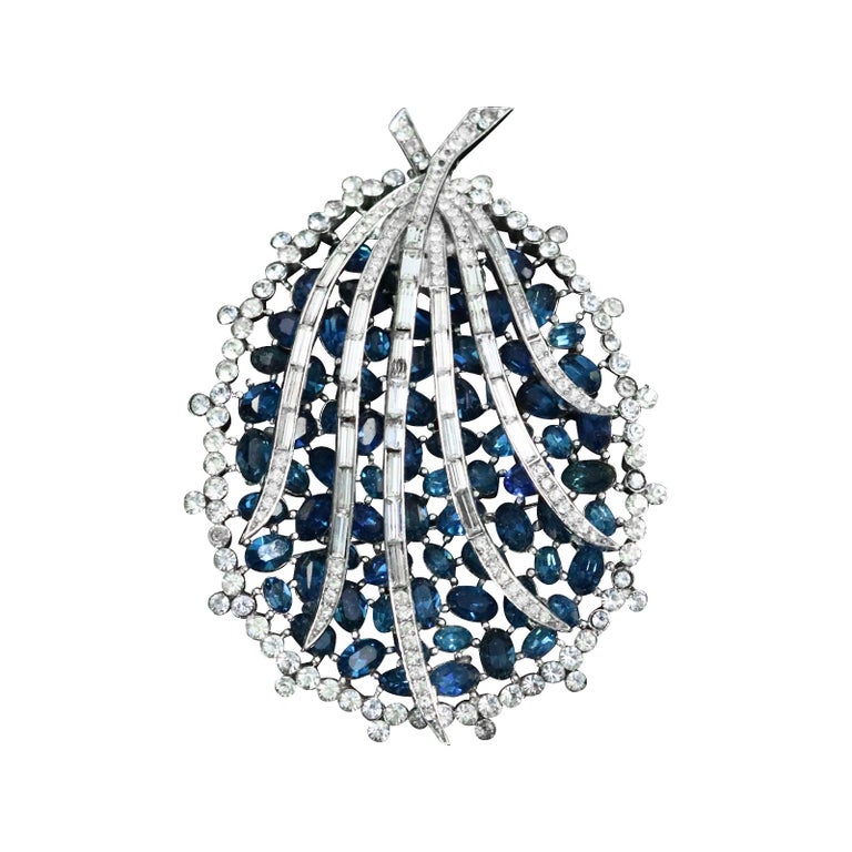 Vintage Trifari Diamante and Sapphire Stone Color Large Brooch For Sale