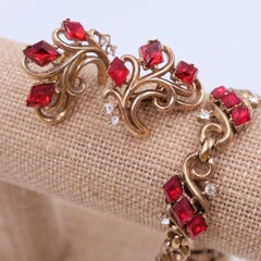 Vintage Trifari Earrings and Bracelet Set With Red Rhinestones 1950s