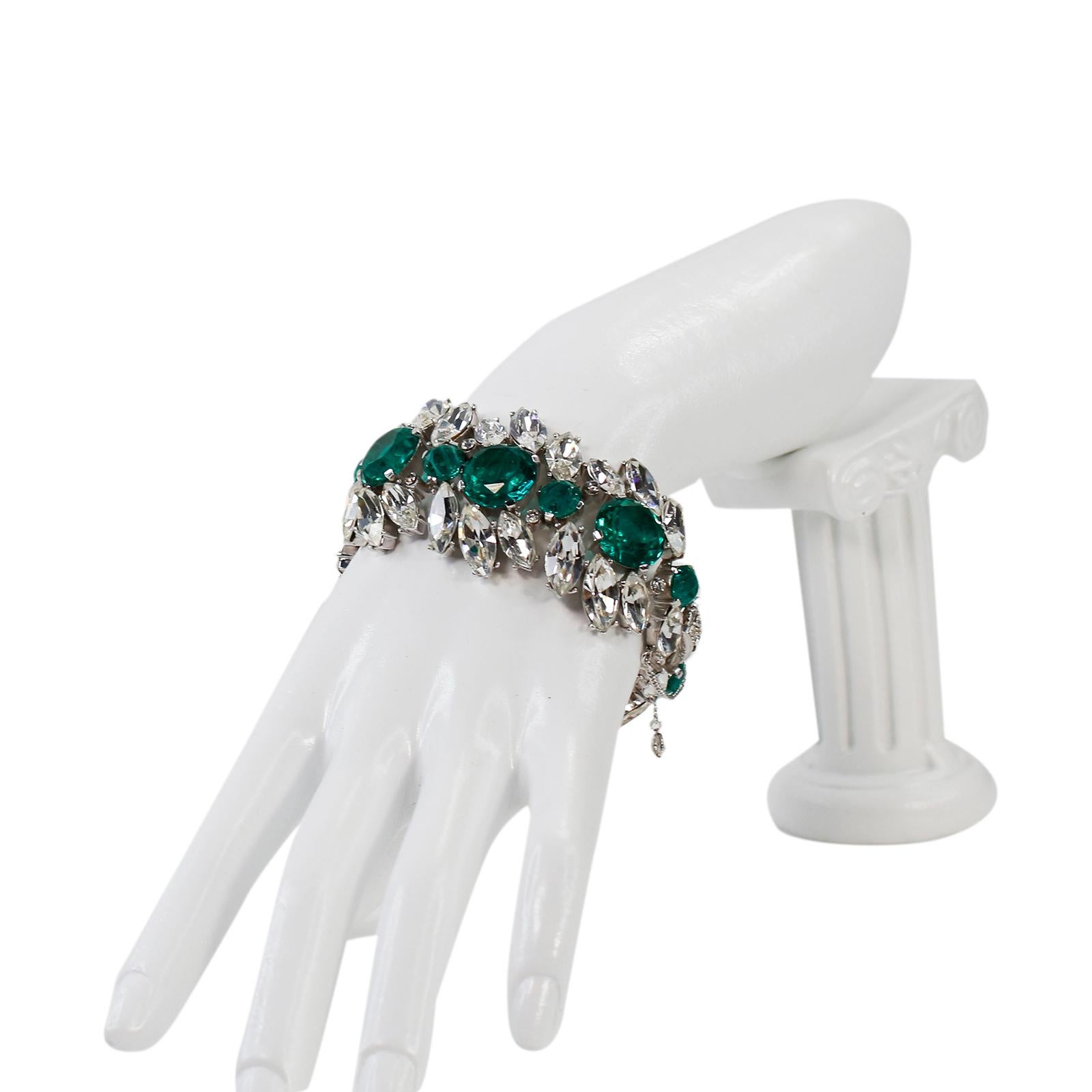 Vintage Trifari Emerald Green and Crystal Bracelet Circa 1960s For Sale 3