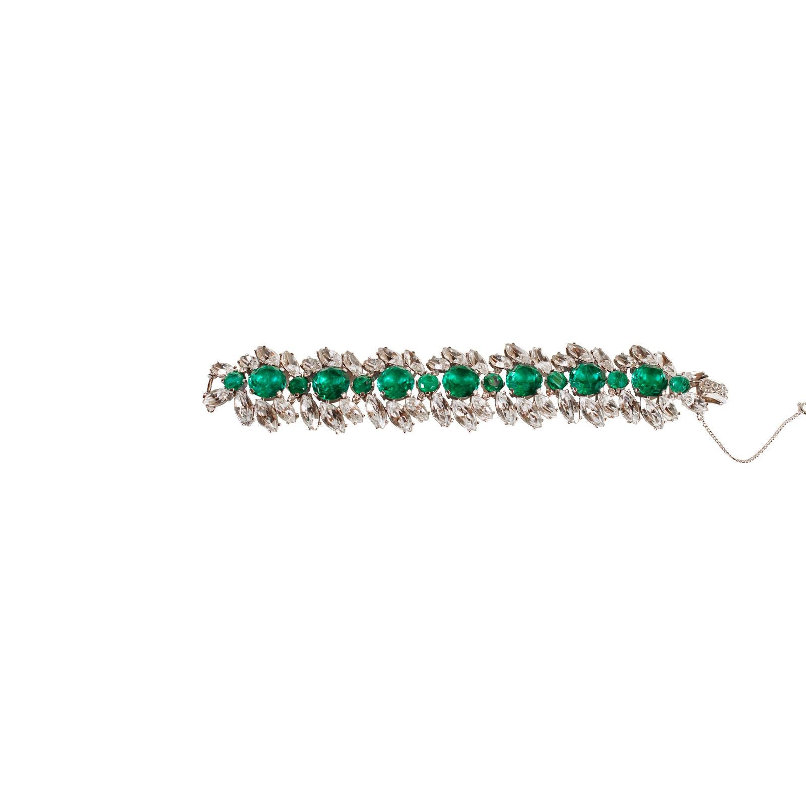Vintage Trifari Emerald Green and Crystal Bracelet Circa 1960s For Sale 5