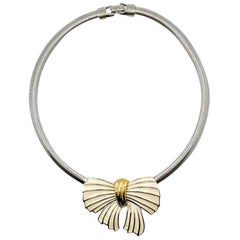 Vintage Trifari Enamel & Silver Bow Necklace 1990s