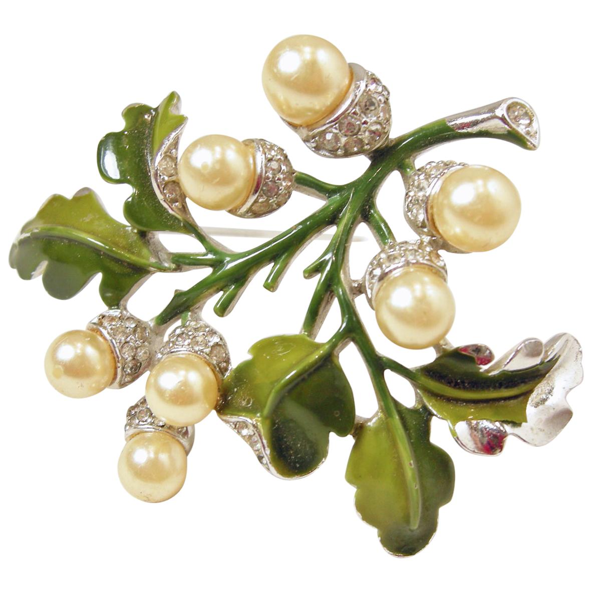 Vintage Trifari Faux Pearl, Crystal & Enamel Floral Brooch