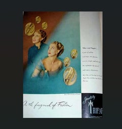 Vintage Trifari Faux-Turquoise & Clear Rhinestone Clip Earrings, 1949