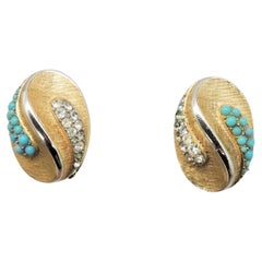 Vintage Trifari Faux-Turquoise & Clear Rhinestone Clip Earrings, 1949 